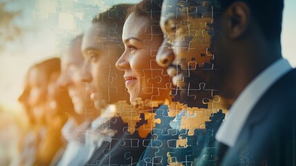 A diverse group of professionals standing in profile, with digital elements symbolizing teamwork and global connection overlaying their faces.