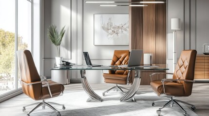 Modern office interior with glass desk, leather chairs, and a plant.