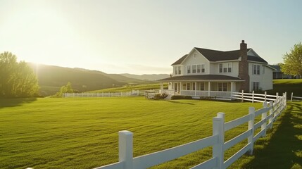 Fototapeta premium Serene Country Home with Expansive Lawn at Sunrise