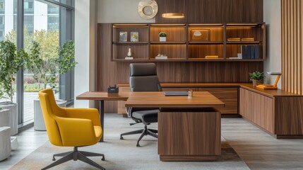 Fototapeta premium Modern office interior with a large wooden desk, a yellow chair, and a bookshelf.