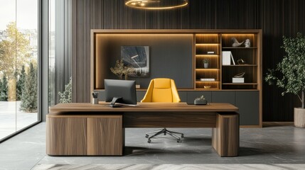 Modern office interior with wooden desk, yellow chair and large windows.