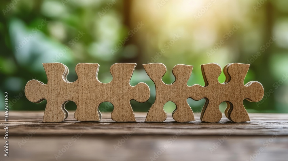 Poster four wooden puzzle pieces align on a rustic surface with a blurred greenery background, symbolizing 