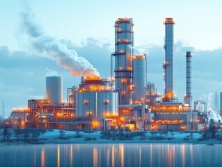 Obraz premium Industrial Power Plant, towering cooling structures dominate the landscape, electric lines crisscrossing, a stark display of energy production