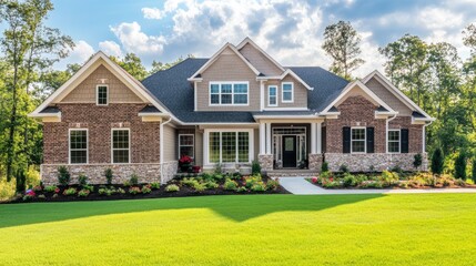 Obraz premium Beautiful Modern House with Green Lawn and Landscape