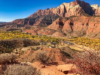 Fall View of the Visitor Center and Surrounding Mountains from the Watchman Trail in Zion National Park Utah.