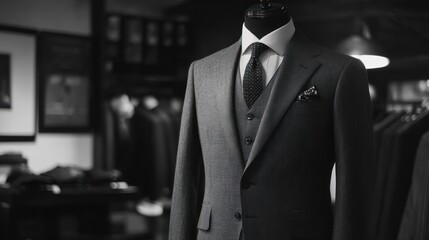 A tailored gray suit with a white shirt and a patterned tie on a mannequin in a clothing store.