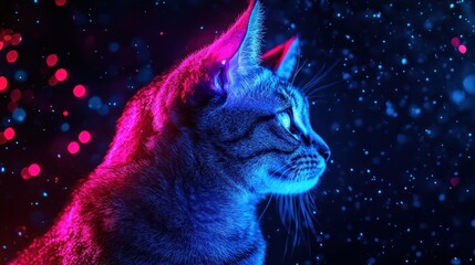 A cat with neon blue and pink lighting, looking to the right, with a blurred background of red and blue bokeh.