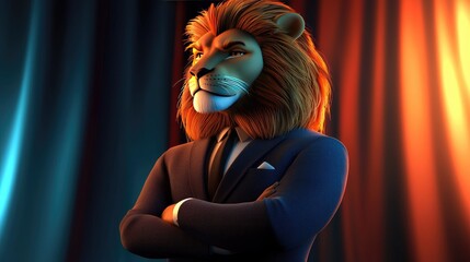 Lion in a suit, confident pose, spotlighted background, vibrant colors.