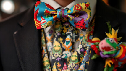 Colorful bow tie and patterned vest create fun, vibrant look
