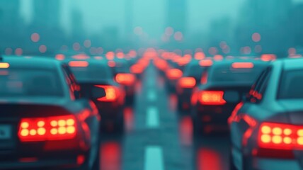 Obraz premium Early morning gridlock with blurred lights, exhausted commuters in endless rows of vehicles, urban traffic delay, morning commute stress