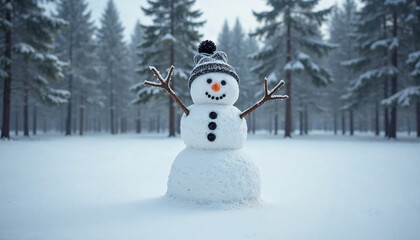 Happy snowman Makingsnowman in the forest from the first snow Snowy winter coniferous trees covered with snow