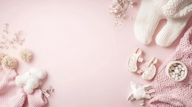 Pink background with white baby shoes, knitted clothing and toys for a new baby girl.