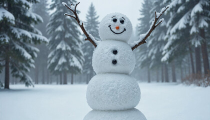 Obraz premium Smiling snowman making snowman in the forest from the first snow winter coniferous trees covered with snow