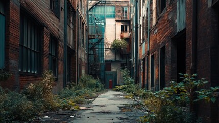 Fototapeta premium A narrow, overgrown alleyway between brick buildings, with a red door at the end.