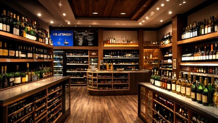 Premium Liquor Store with High-End Alcohol Selection, Elegant Interior, Fine Wines, Craft Spirits, Luxury Bottles, Gourmet Drinks, Tilt-Shift Photography, Upscale Atmosphere, Stylish Display