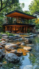 Fototapeta premium Serene landscape featuring ornamental stones, tranquil pond, contemporary building design, inviting outdoor atmosphere, harmonious integration of nature and architecture