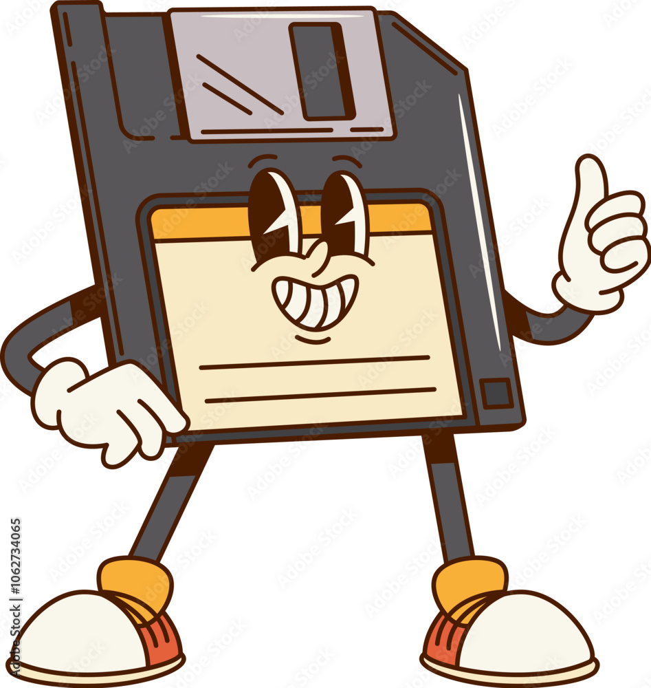 Aufkleber groovy computer floppy disk diskette character from retro pc, vector cartoon comic. groovy funky old