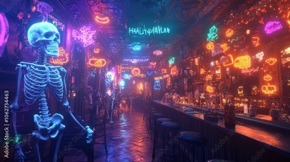 Poster surreal halloween party scene with neon lights and skeletons. generative ai image