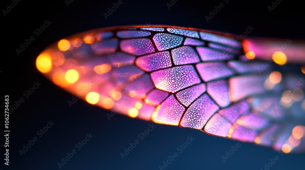 Poster a vibrant, close-up view of a dragonfly wing showcasing intricate patterns and iridescent colors in 