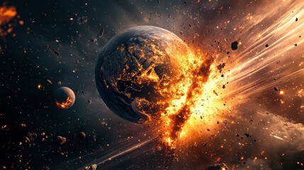 Obraz premium A dramatic illustration depicting the end of the world with an exploding Earth, fire, and debris.