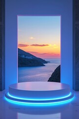 Fototapeta premium A white circular podium with blue neon lights on the front, set against an open window overlooking mountains and sea at sunset. 