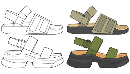 Bundling set sandal vector illustration on black	 background . Summer shoe of sandal cartoon. Isolated cartoon summer footwear.