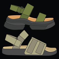 Bundling set sandal vector illustration on black	 background . Summer shoe of sandal cartoon. Isolated cartoon summer footwear.