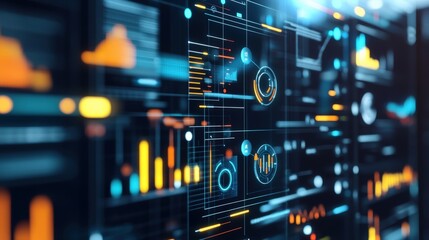 Obraz premium Futuristic Interface with Glowing Icons and Data Visualizations. Technology Concept