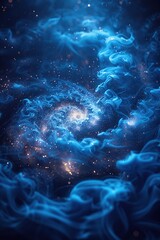 Obraz premium A swirling blue cosmic scene with stars and nebulous formations.