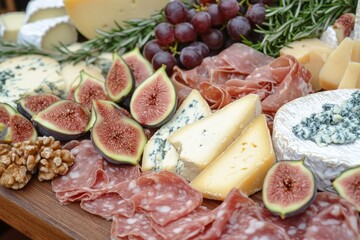 A Gourmet Cheese and Charcuterie Board Featuring Figs, Grapes, and Rosemary