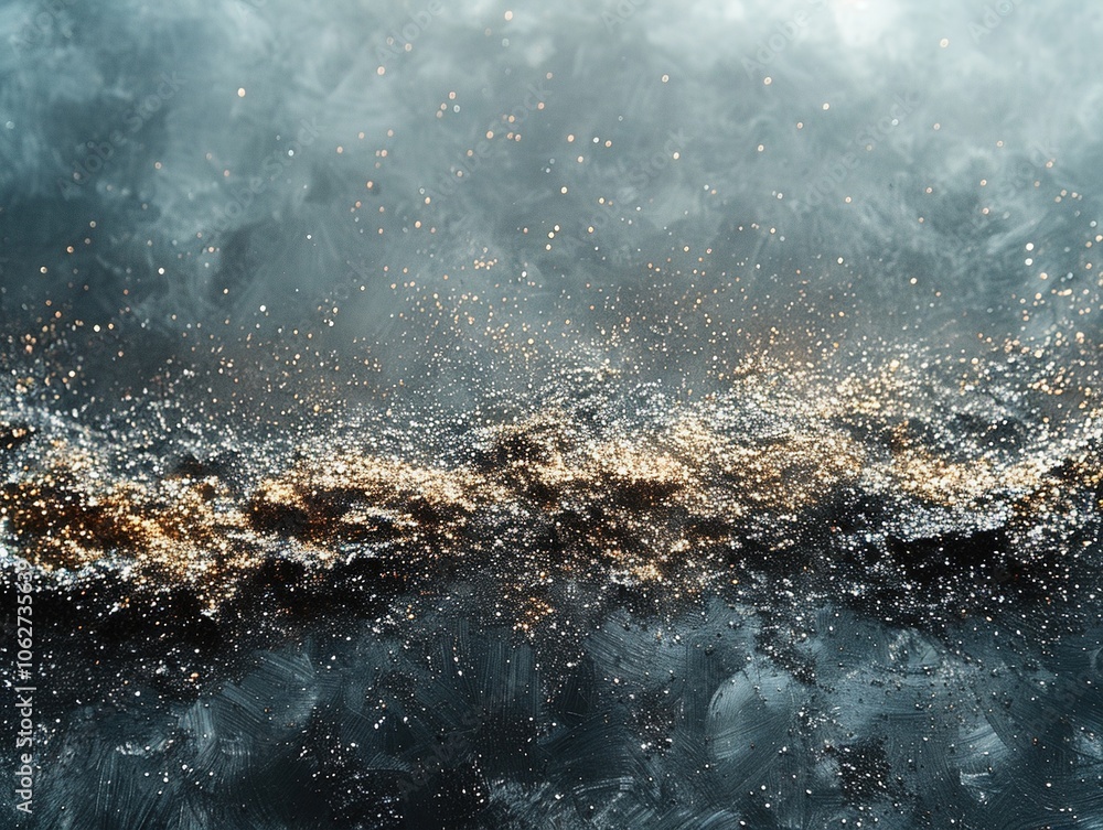 Poster a textured abstract representation of cosmic elements with shimmering details.