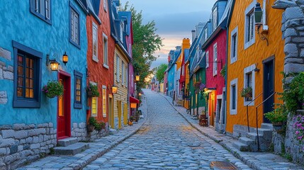 Quaint Quebec cobblestone alley at dusk