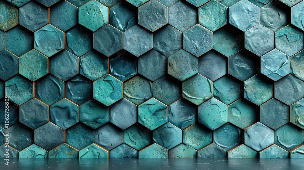 Poster a textured wall made of hexagonal tiles in various shades of teal.