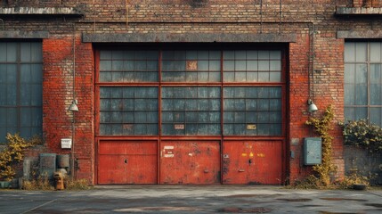 A large red metal garage door with glass panels is set into a brick wall.  The door is closed and has signs and some rust.  The surrounding brick wall is in a state of disrepair.