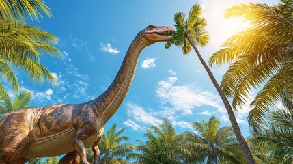 Dinosaur Statue in Tropical Paradise with Palm Trees and Blue Sky