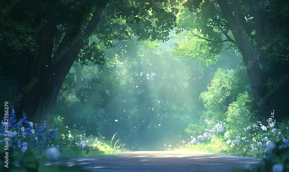 Wall mural sun rays through the forest-generative ai