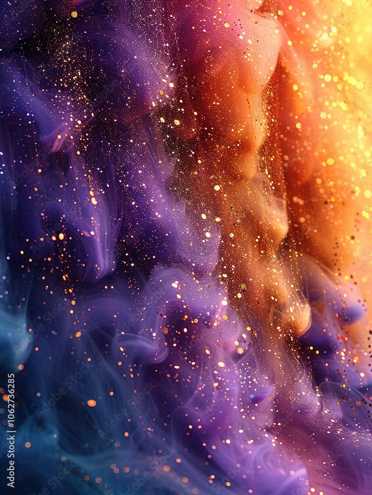 Poster a vibrant abstract background featuring swirling colors and sparkling particles.