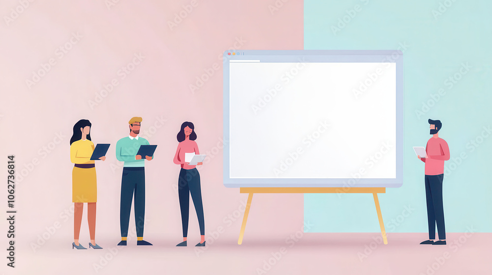 Poster a group of diverse individuals stands before a blank presentation board, engaging in discussion and 