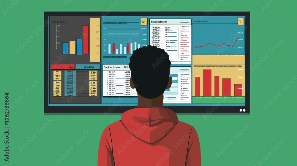 Poster a person analyzes data on a screen displaying colorful charts and graphs, emphasizing analytics and 