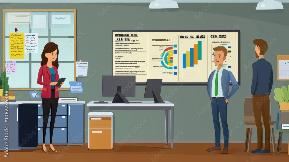Poster a modern office scene featuring two professionals discussing data insights while a woman analyzes in