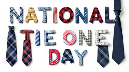 Colorful letters and ties spell out National Tie One Day in playful arrangement