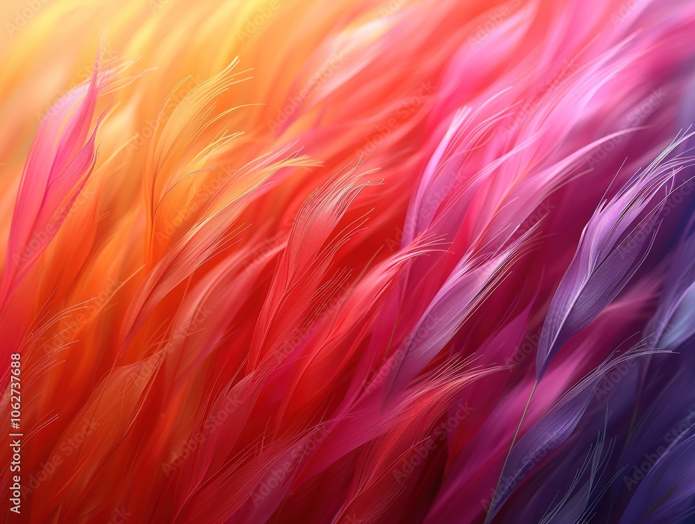 Poster a vibrant abstract representation of flowing colors resembling feathers or waves.
