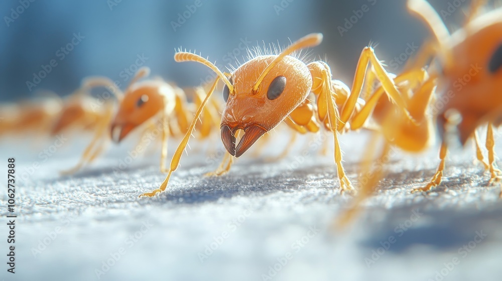 Poster line of ants marching on white background in search of food