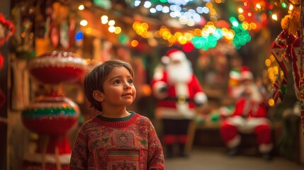 Joyful Mexican Child Celebrates Christmas in Festive Village with Pi&Atilde;&plusmn;atas and Santa Claus
