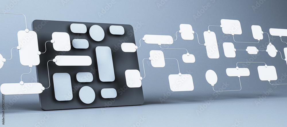 Poster Abstract diagram depicting nodes and connections on a dark background. 3D Rendering