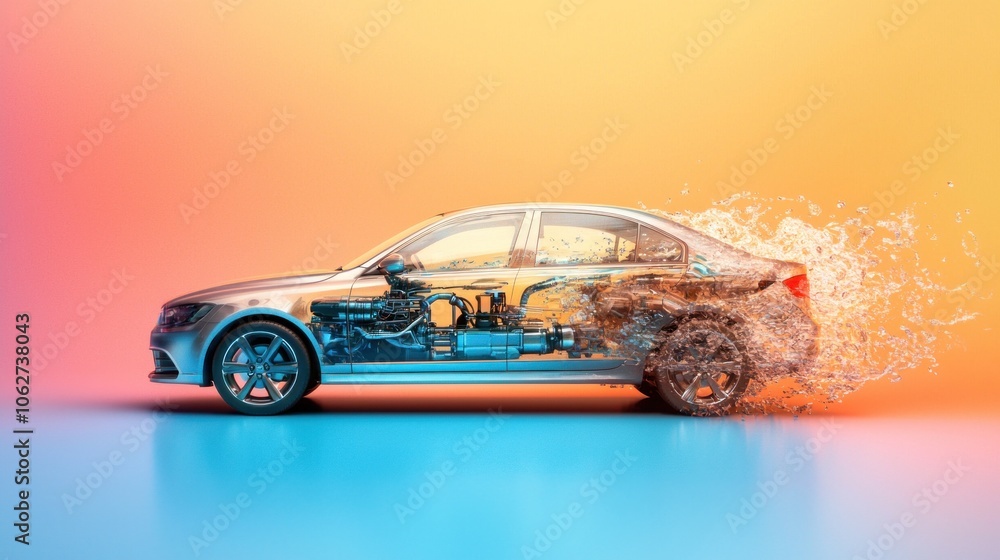 Aufkleber create a stunning realistic photo mockup of a water-powered car engine with dynamic splash effects f