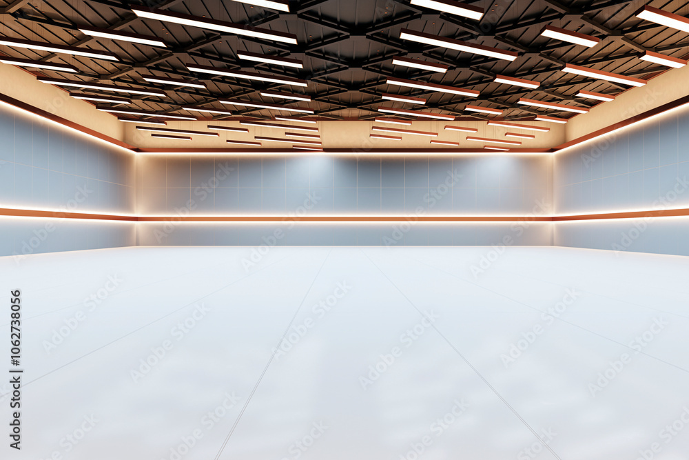 Poster Modern Empty Hall with Geometric Ceiling Design. 3D Rendering