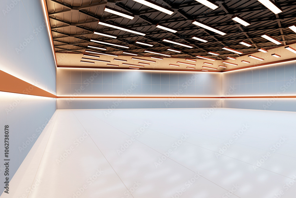 Aufkleber Modern Empty Hall with Geometric Ceiling Design. 3D Rendering