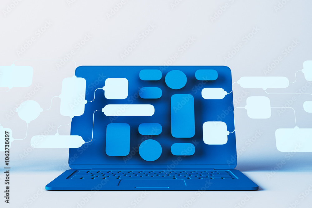 Poster Laptop displaying abstract coding structure and nodes concept. 3D Rendering