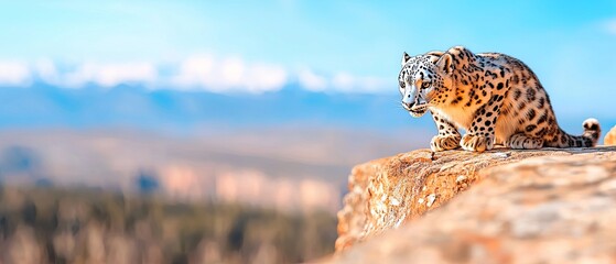Obraz premium Snow Leopard Perched on Rocky Outcrop with Scenic View